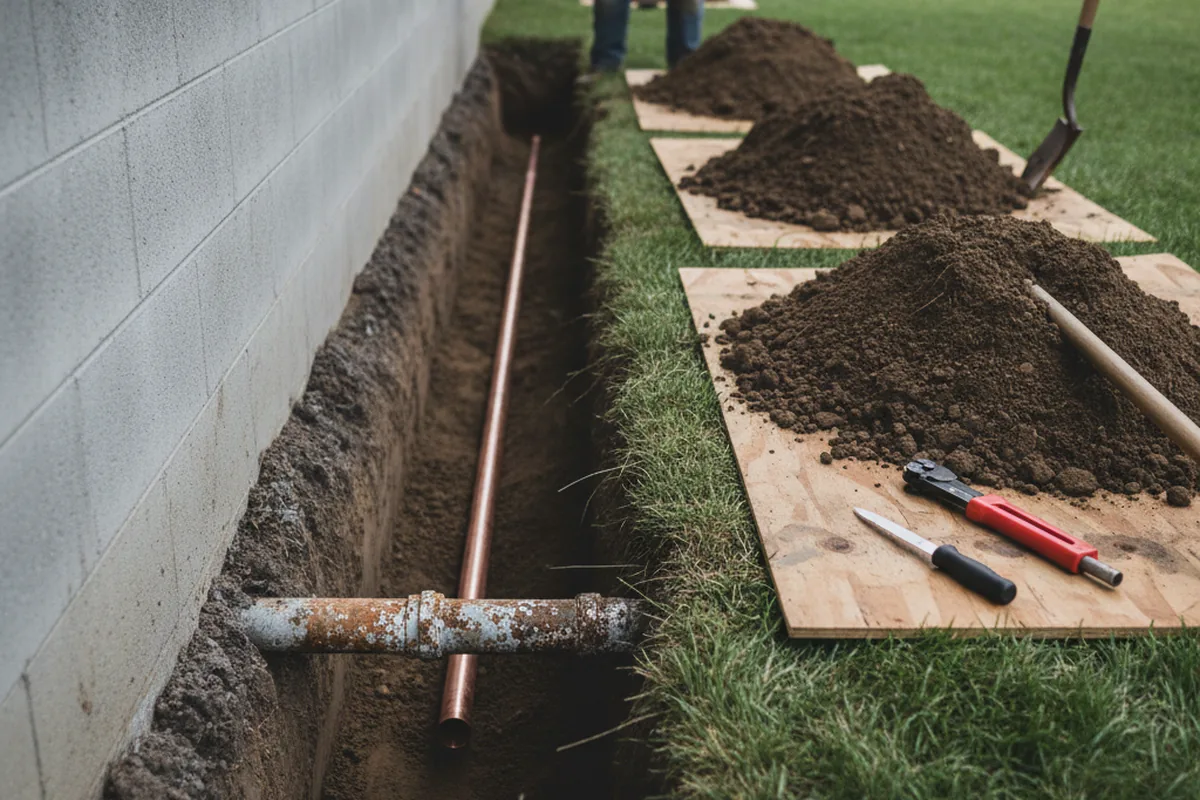 Excavated water line trench during Water Heater Repair in Petersham